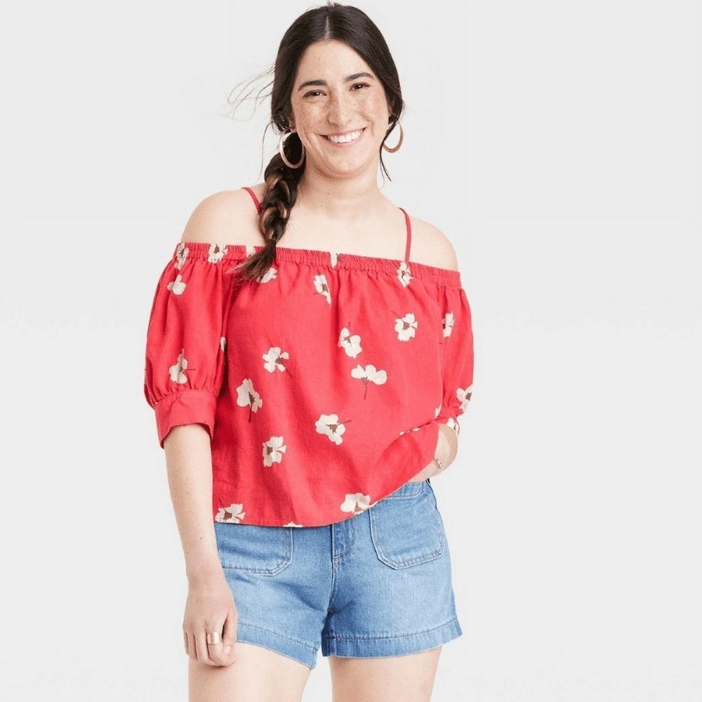Universal Thread Linen Blend Red Floral Puff Sleeve Crop Blouse Size Large